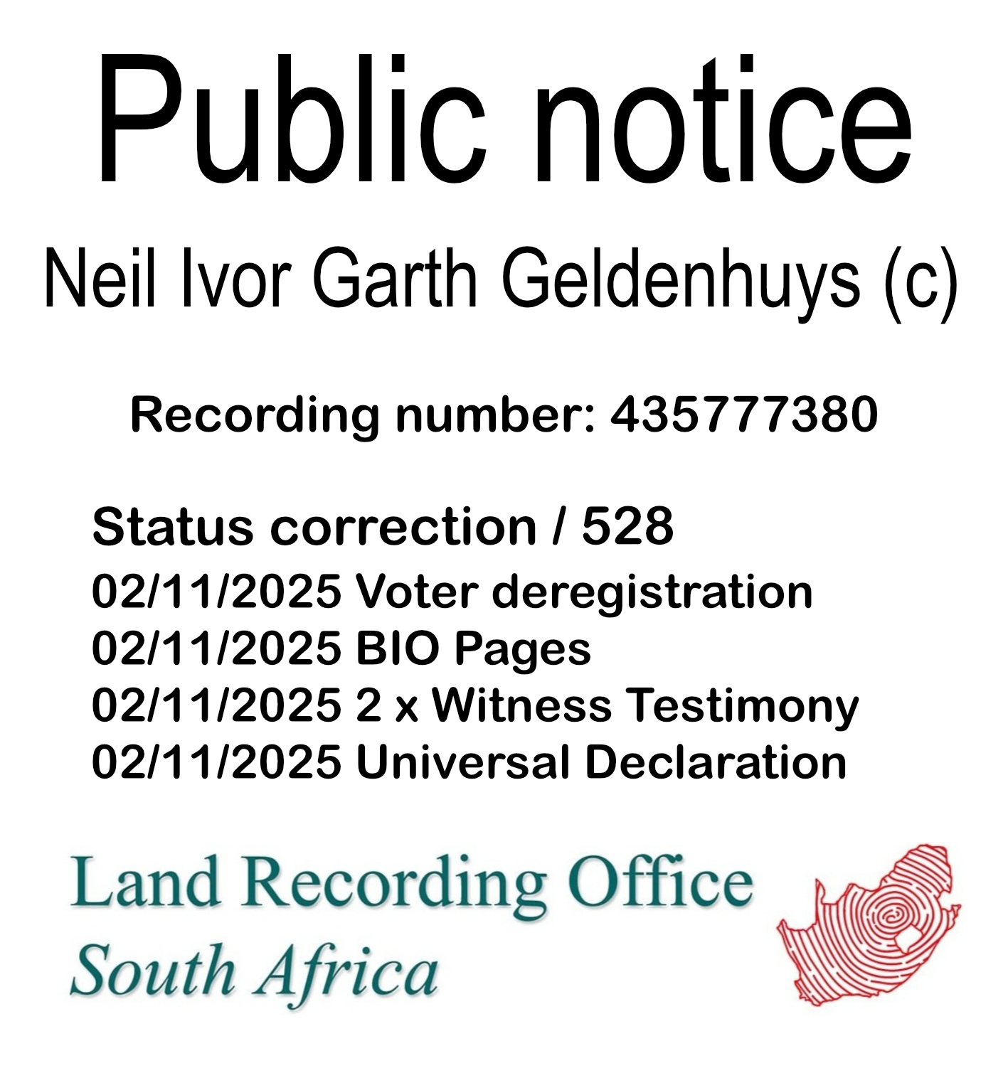 Public notice Neil Ivor Garth Geldenhuys Recording number 435777380